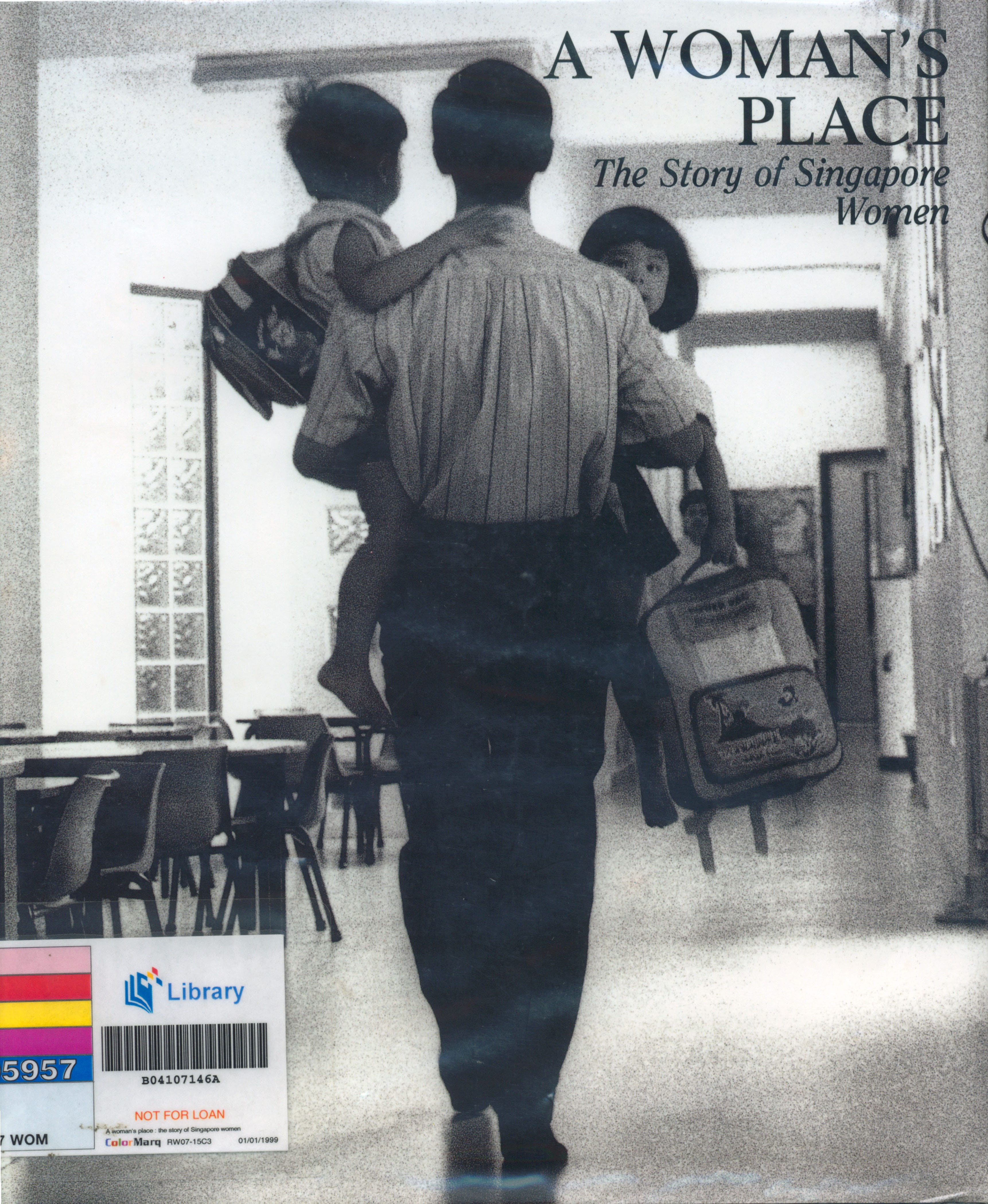 Black and white photo of a person carrying two children, with a book title "A Woman's Place: The Story of Singapore Women".
